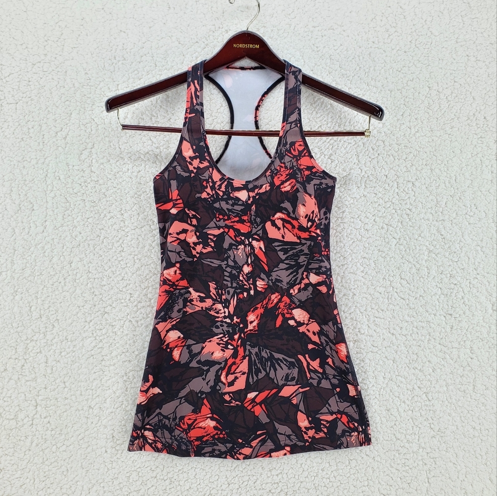 Lululemon Cool Racerback Abstract Floral Print Tank Top Shirt sz 6 Black Salmon - Picture 1 of 6